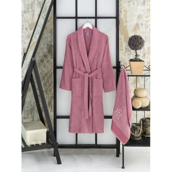Set halat de baie și prosop roz închis S/M din bumbac – Mila Home