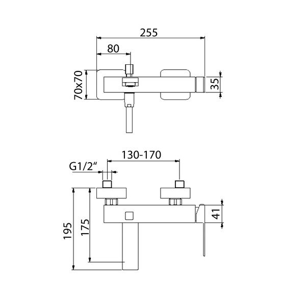 Baterie negru-mat pentru cadă cu montare pe perete (2 ieșiri) Latus – Sapho-image-1