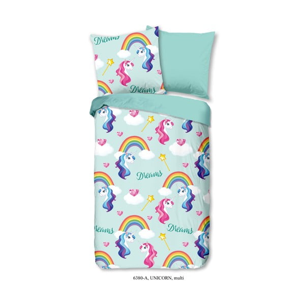 Lenjerie de pat din bumbac pentru copii Good Morning Unicorn, 140 x 200 cm, albastru