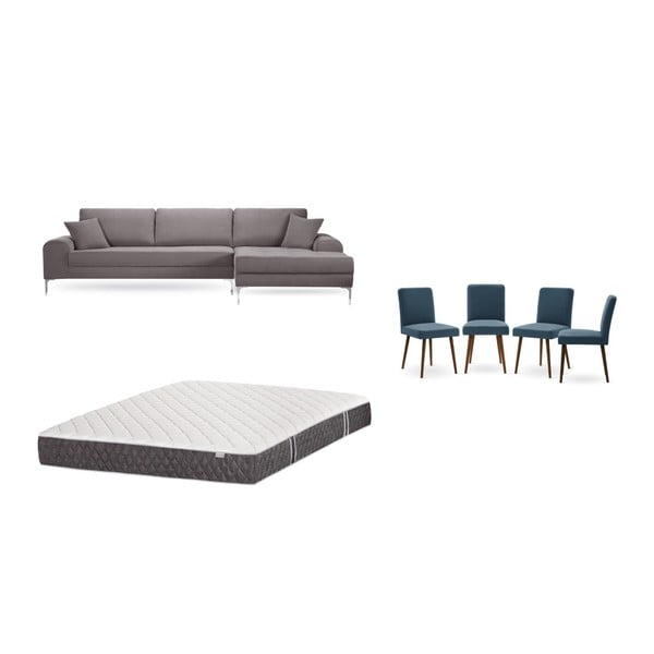 Set canapea maro cu șezlong pe partea dreaptă, 4 scaune albastre și saltea 160 x 200 cm Home Essentials