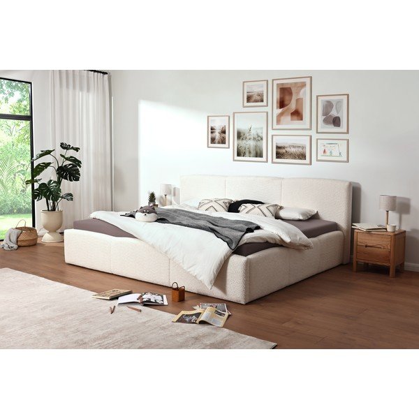 Pat matrimonial fildeș tapițat cu spațiu de depozitare cu somieră 200x240 cm Merida – Meise Möbel-image-1