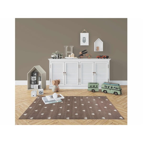 Covor pentru copii KICOTI Peas, 133 x 190 cm, maro-alb, motive inimă-image-2