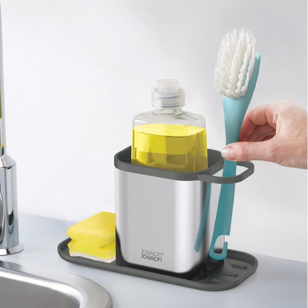 Suport pentru accesorii de spălat argintiu lucios din metal Duo Steel – Joseph Joseph-image-2