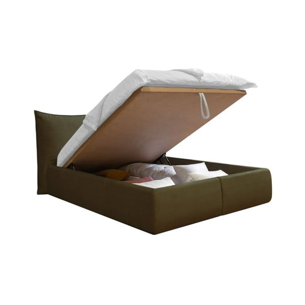 Pat matrimonial verde închis tapițat cu spațiu de depozitare cu somieră 180x200 cm Jade – Bobochic Paris-image-3