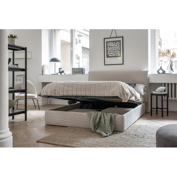 Pat matrimonial bej tapițat cu spațiu de depozitare și somieră 160x200 cm Sleepy Luna – Miuform-image-1