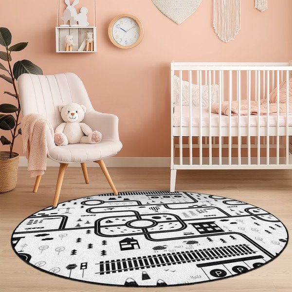 Covor de joacă pentru copii alb-negru lavabil ø150 cm In My Town – Mila Home-image-4
