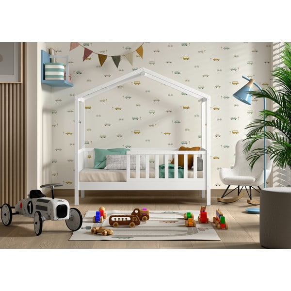 Pat pentru copii  alb de tip casă din lemn de pin cu somieră 70x140 cm DALLAS – Vipack-image-1