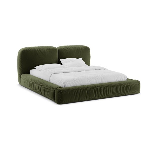 Pat matrimonial verde tapițat cu spațiu de depozitare cu somieră 160x200 cm Martina – Micadoni 