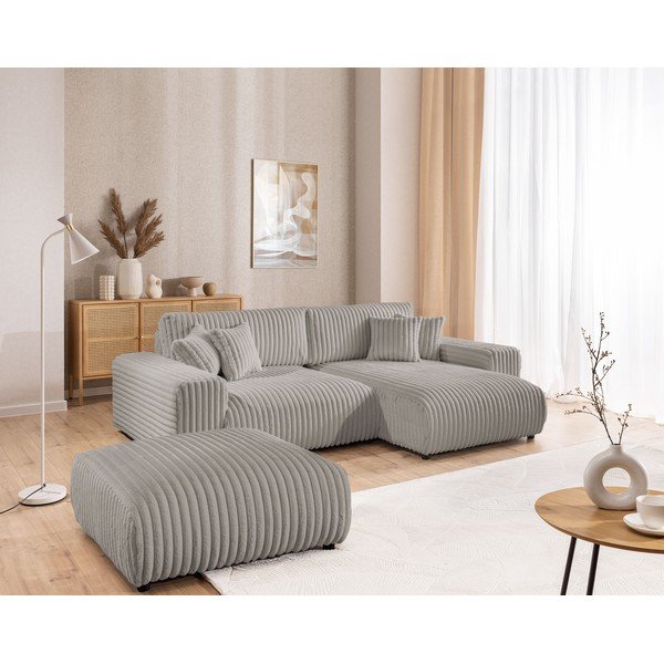 Taburet gri deschis cu tapițerie din catifea reiată Justin – Ropez-image-3