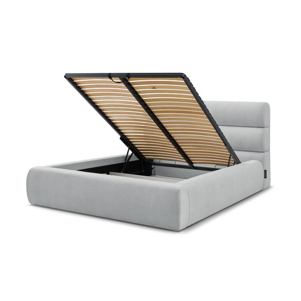 Pat matrimonial gri deschis tapițat cu spațiu de depozitare și somieră 160x200 cm Jagna – Bobochic Paris-image-4