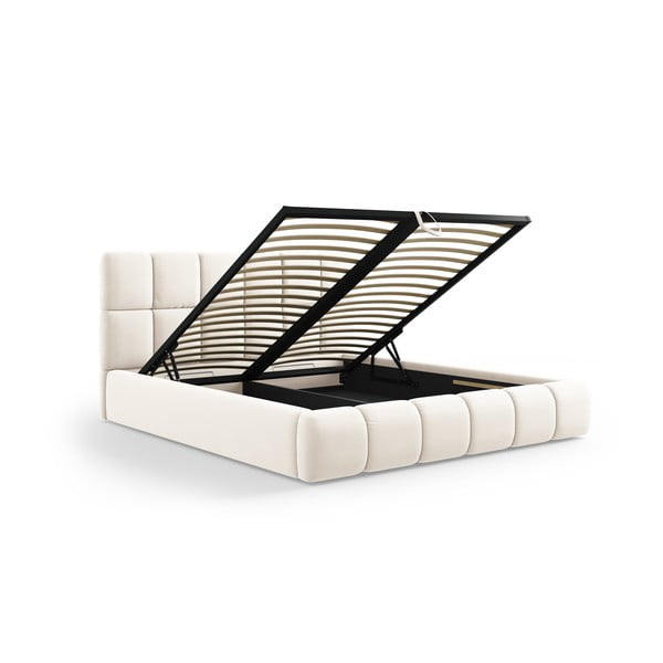 Pat matrimonial crem tapițat din catifea cu spațiu de depozitare cu somieră 200x200 cm Bellis – Micadoni -image-2