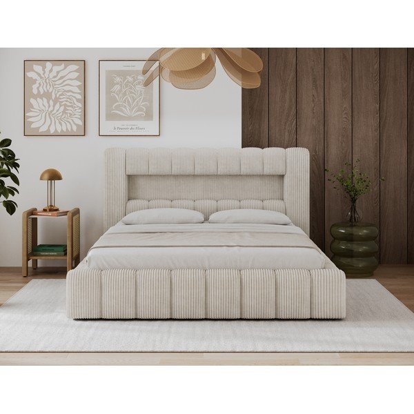 Pat matrimonial bej tapițat cu spațiu de depozitare cu somieră 180x200 cm Lamica – ELTAP-image-3