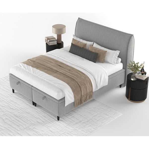 Pat matrimonial gri deschis tapițat cu spațiu de depozitare 180x200 cm Pearl – Maison de Rêve-image-3