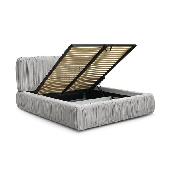 Pat matrimonial gri tapițat cu spațiu de depozitare cu somieră 160x200 cm Blair – Bobochic Paris-image-3