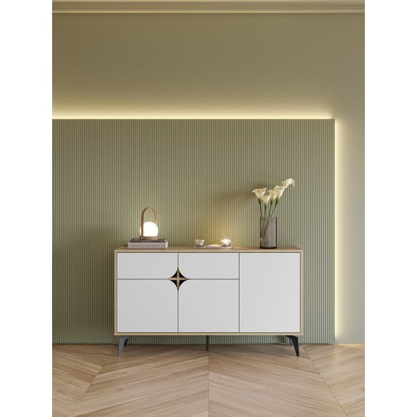 Comodă albă/în culoare naturală joasă cu aspect de lemn de stejar 140x79 cm Nola – Marckeric-image-1