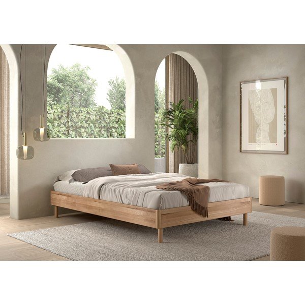 Pat matrimonial în culoare naturală din lemn de stejar fără tăblie cu somieră 140x200 cm Forrest – Vipack-image-1