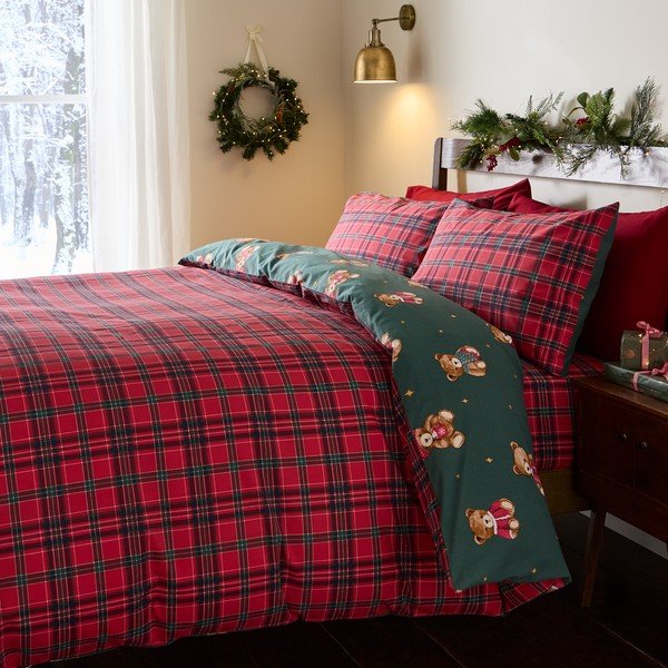 Lenjerie de pat roșie/verde-închis pentru pat de o persoană 150x120 cm Christmas Tartan Teddy Bear – Catherine Lansfield-image-1