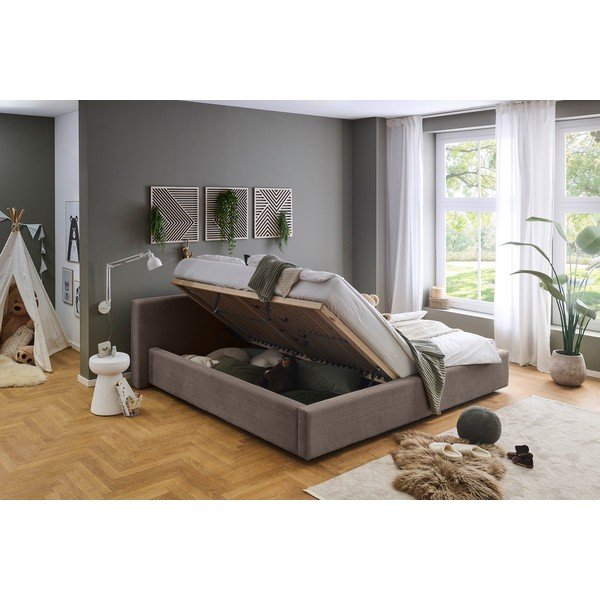 Pat matrimonial taupe tapițat cu spațiu de depozitare cu somieră 200x240 cm Cube – Meise Möbel-image-1
