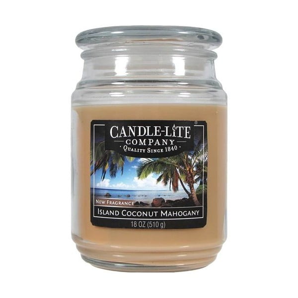 Lumânare parfumată în sticlă cu aromă de cocos și mahon Candle-Lite, durată ardere 110 ore