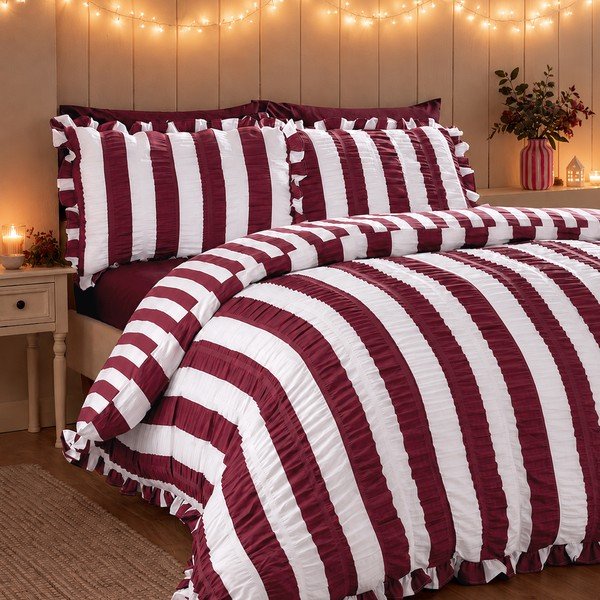 Lenjerie de pat violetă pentru pat dublu 220x230 cm Seersucker Frill Stripe – Catherine Lansfield-image-1