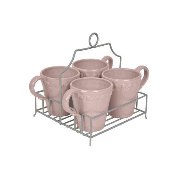 Set 4 căni din ceramică cu suport Ego Dekor Flowers, roz