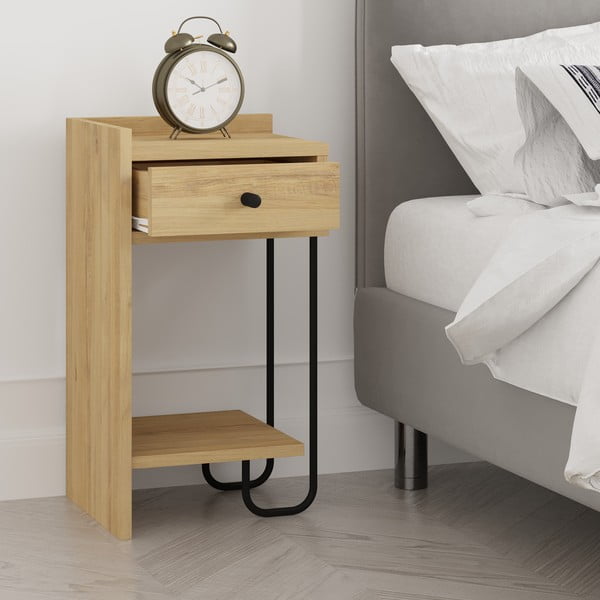 Noptieră în culoare naturală cu rafturi cu aspect de lemn de stejar Mercure – Marckeric-image-4