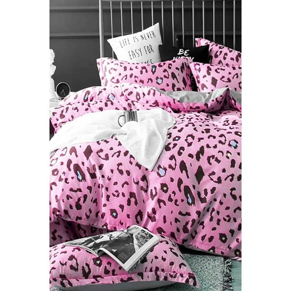 Lenjerie de pat roz din bumbac pentru pat dublu/extinsă cu cearceaf inclus/cu 4 piese 200x220 cm Leopard – Mila Home