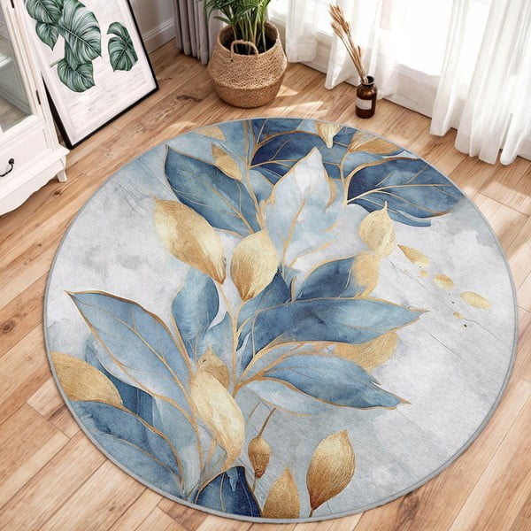Covor albastru/auriu lavabil rotund ø 120 cm Golden Leaves – Mila Home-image-2