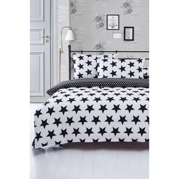 Lenjerie de pat cu cearșaf Black Polka Dots, 200 x 220 cm