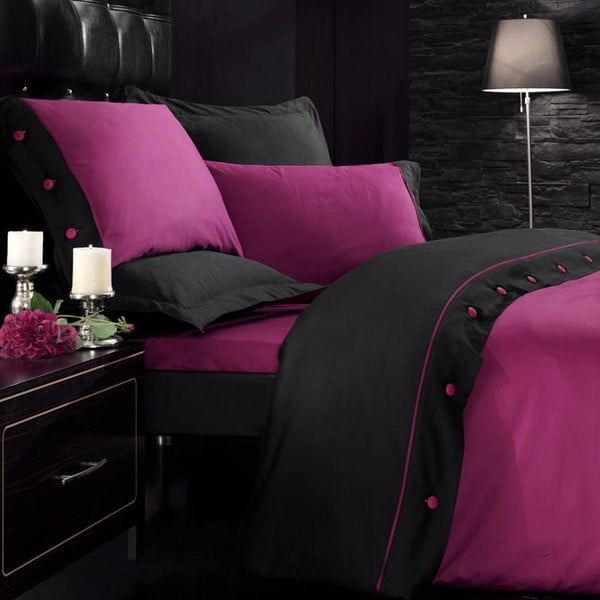 Lenjerie de pat cu cearșaf din satin Cover, 200 x 220 cm, roz-negru