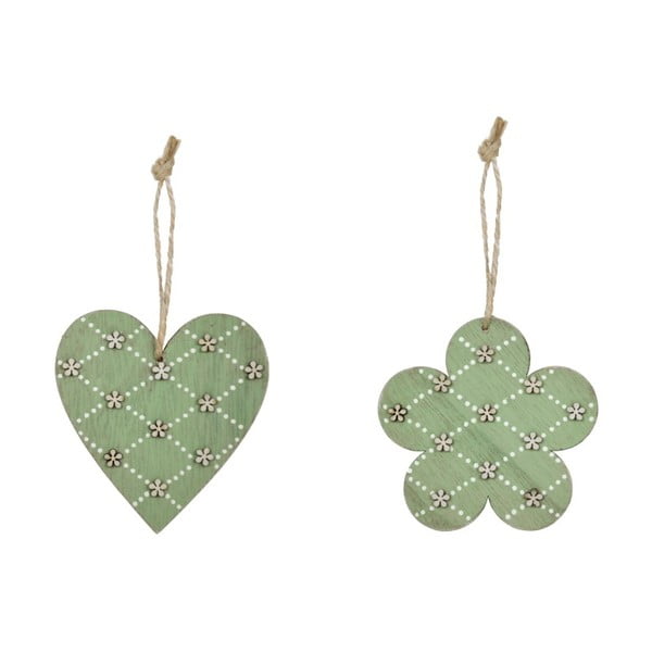 Set 2 decorațiune suspendate din lemn Ego Dekor, 9,5 x 9,5 cm, floare și inimă, verde