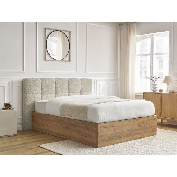 Pat matrimonial bej tapițat/din  placă aglomerată de lemn tapițat cu spațiu de depozitare cu somieră 160x200 cm Kumo – Bobochic Paris-image-3