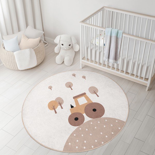 Covor pentru copii bej lavabil ø100 cm Tractor World – Mila Home-image-2