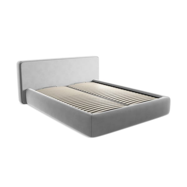Pat matrimonial gri tapițat cu spațiu de depozitare cu somieră 160x200 cm Kiana – Makamii