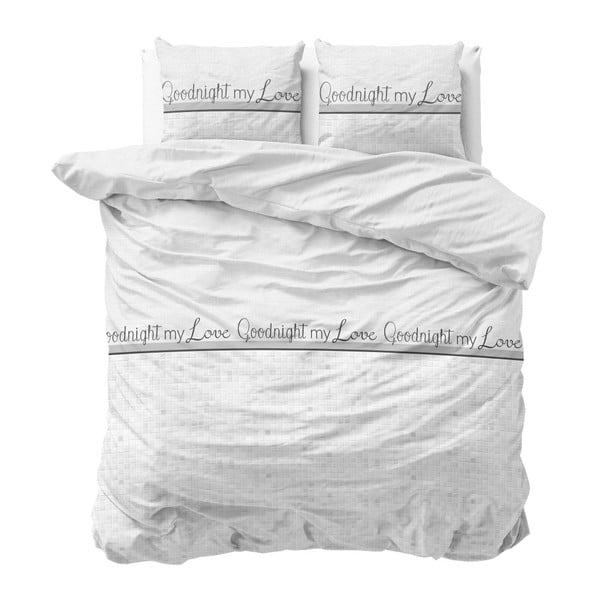 Lenjerie de pat din micropercal Sleeptime Goodnight my Love, 200 x 220 cm, alb
