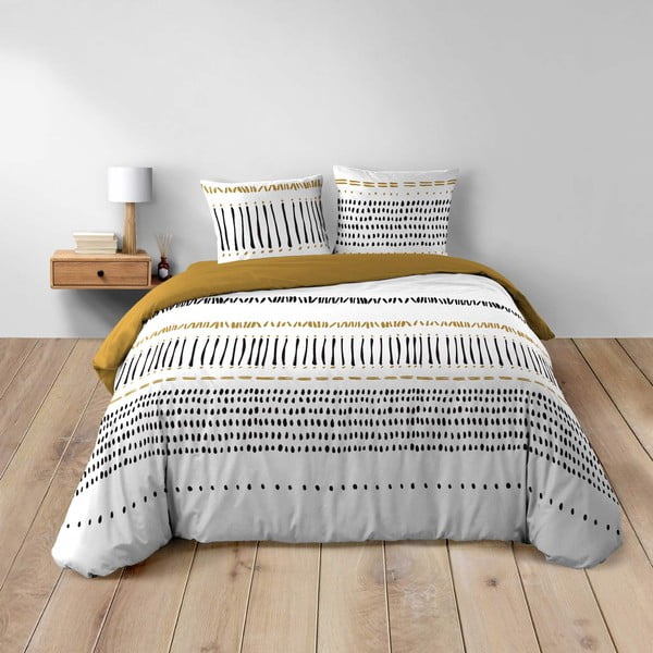 Lenjerie de pat galben-muștar/albă din bumbac pentru pat dublu, extinsă 240x220 cm Chicago – douceur d'intérieur