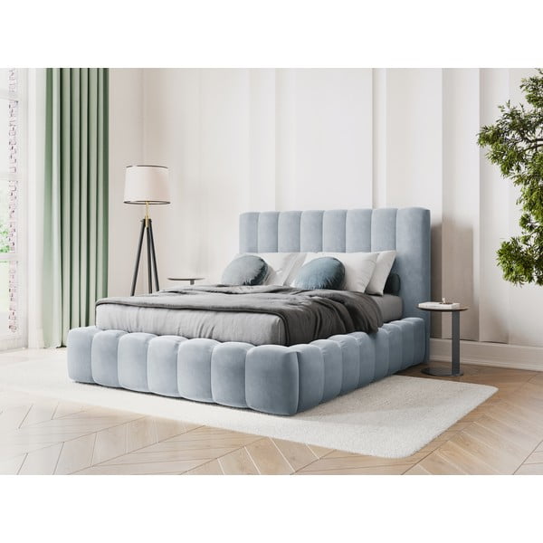 Pat dublu 200x200 cm albastru deschis tapițat cu spațiu de depozitare și somieră Kelp – Micadoni Home-image-1