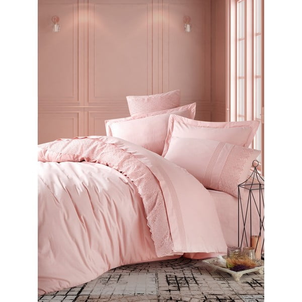 Lenjerie de pat din bumbac cu cearșaf Cotton Box Elba, 200 x 220 cm, roz pudră