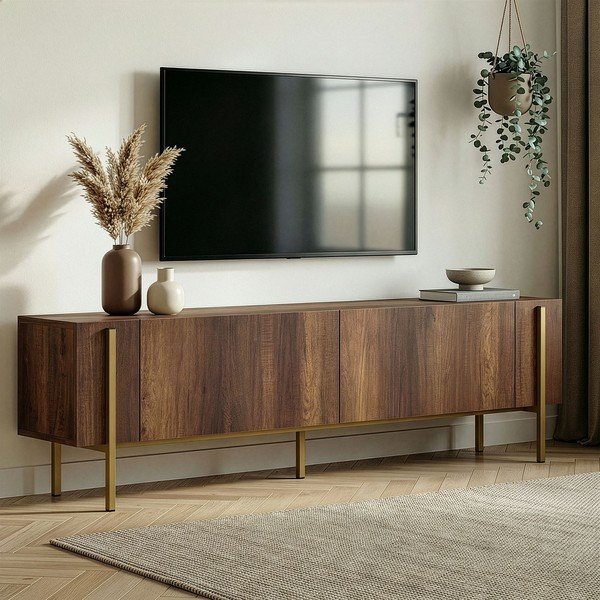 Comodă TV în culoare naturală închisă cu aspect de lemn de nuc 180x45x30 cm Nexus – Kalune Design-image-1