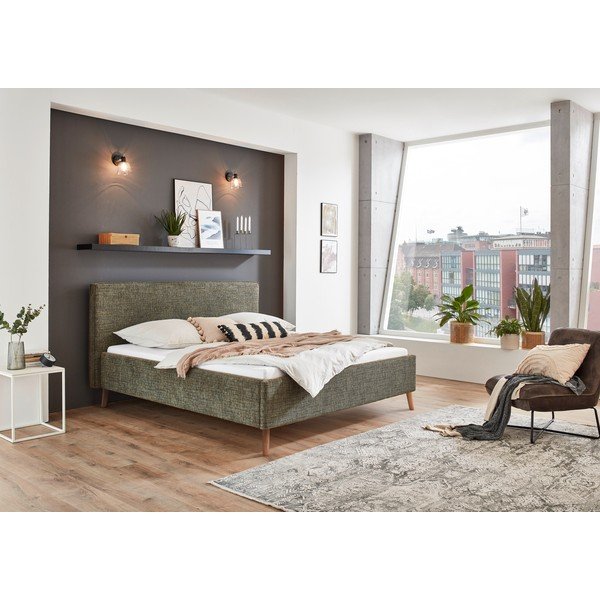 Pat matrimonial verde închis tapițat cu spațiu de depozitare cu somieră 160x200 cm Riva – Meise Möbel-image-1