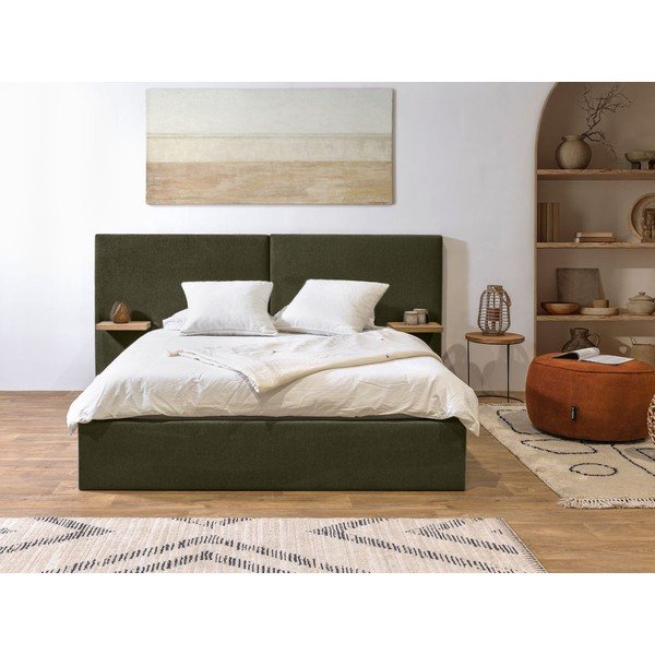 Pat matrimonial verde închis tapițat cu spațiu de depozitare cu somieră 160x200 cm Blandine – Bobochic Paris-image-1