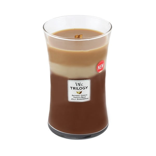 Lumânare parfumată WoodWick Trilogy, aromă de scorțișoară, ovăz și lapte de migdale, 130 ore