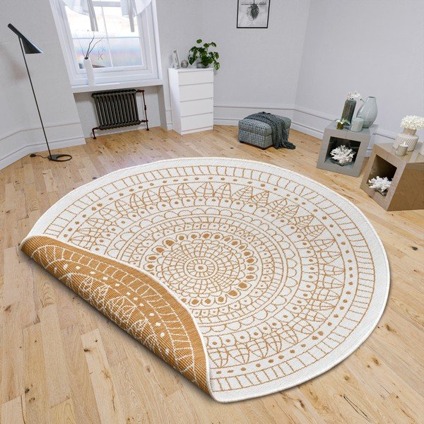 Covor de exterior galben ocru-alb rotund ø 140 cm Porto – NORTHRUGS-image-1