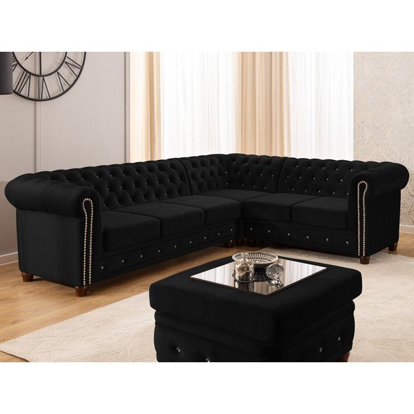 Colțar negru extensibil cu tapițerie din catifea (cu colț pe partea dreaptă/în formă de ”L”) York Blik – Ropez-image-1