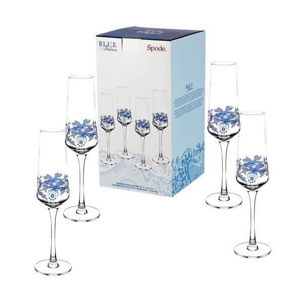 Set 4 pahare din sticlă pentru șampanie Spode Blue Italian, 230 ml, alb - albastru