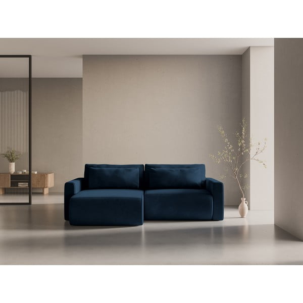 Colțar albastru închis extensibil, cu spațiu de depozitare cu tapițerie din catifea Belfast – Cosmopolitan Design-image-1