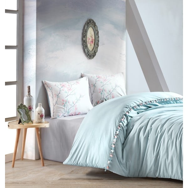 Lenjerie de pat din bumbac cu cearșaf Cotton Box Linda, 200 x 220 cm, albastru mentă