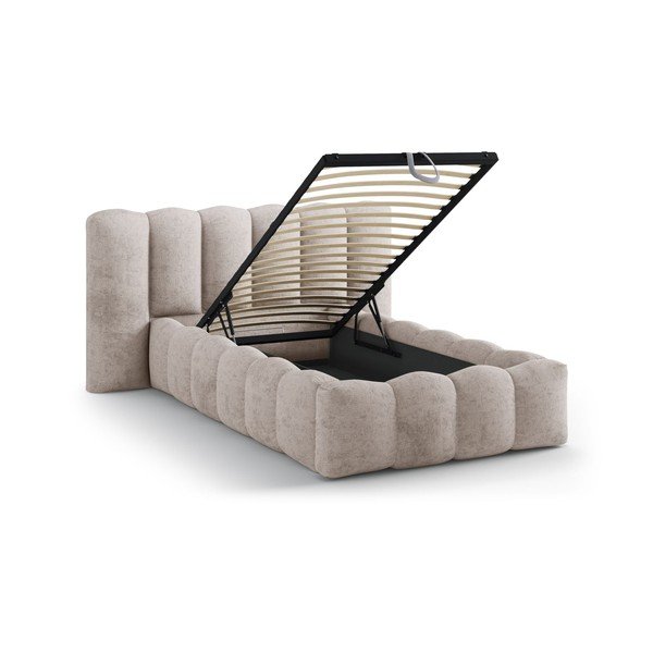 Pat maro deschis tapițat cu spațiu de depozitare cu somieră 90x200 cm Lupine – Micadoni -image-1