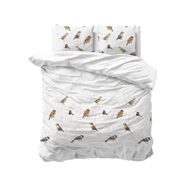 Lenjerie de pat dublu, din amestec de bumbac Sleeptime Birdy White, 200 x 220 cm