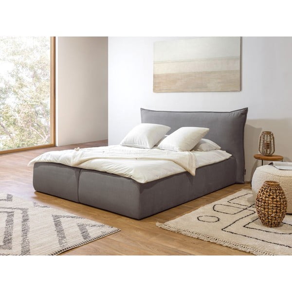 Pat matrimonial 160x200 cm gri închis tapițat cu spațiu de depozitare cu somieră Jade – Bobochic Paris-image-1